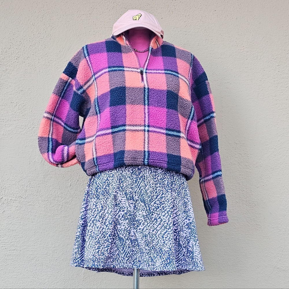 American Eagle Plaid Pink & Purple Faux Sherpa Cropped Jacket Size Small